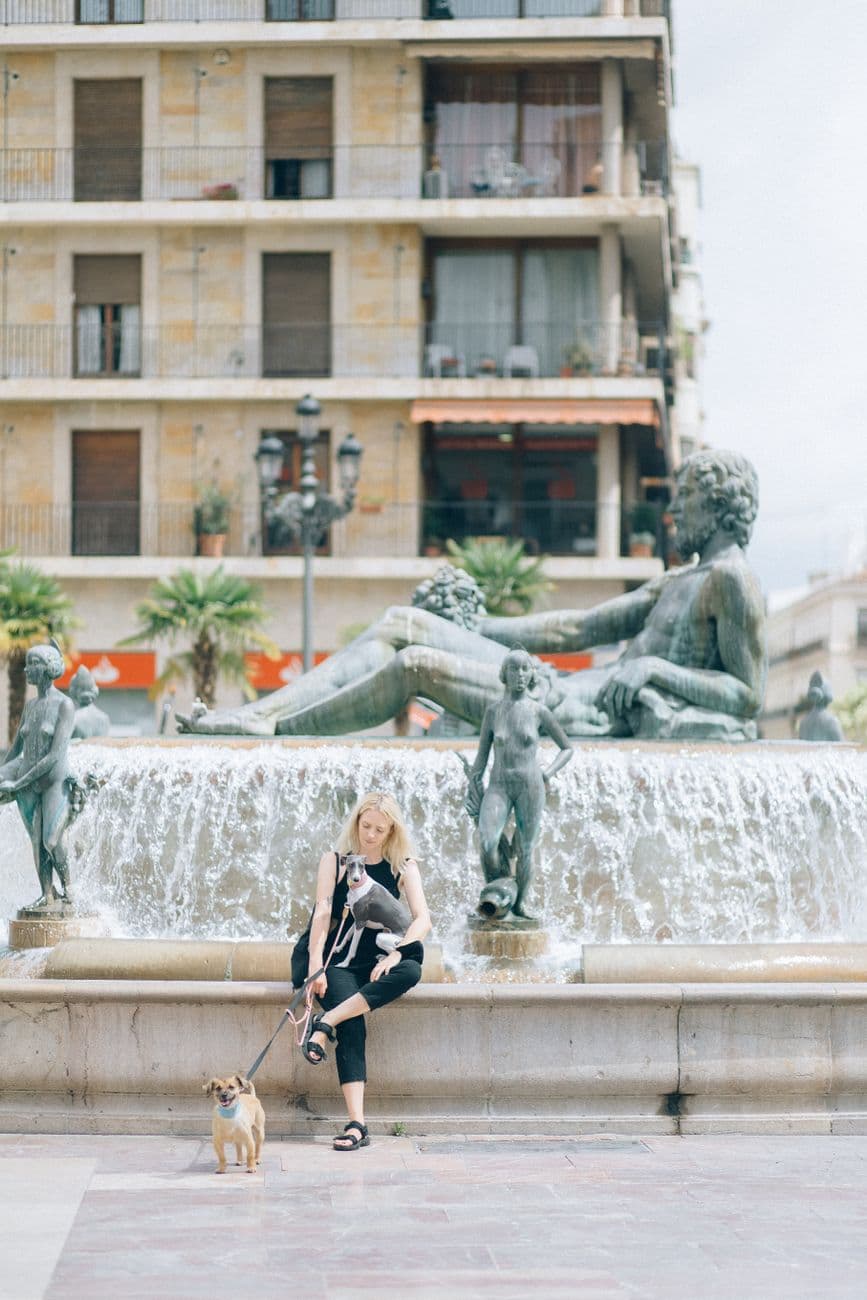 A woman sits with her dogs near a fountain in Plaza de la Virgen, Valencia.