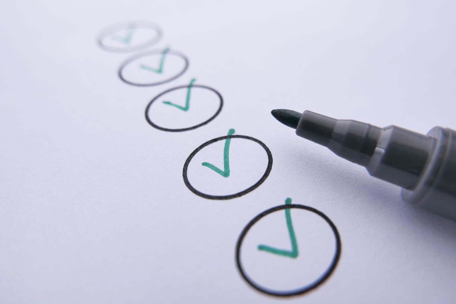 Close-up of a checklist with green checkmarks on white paper using a marker.