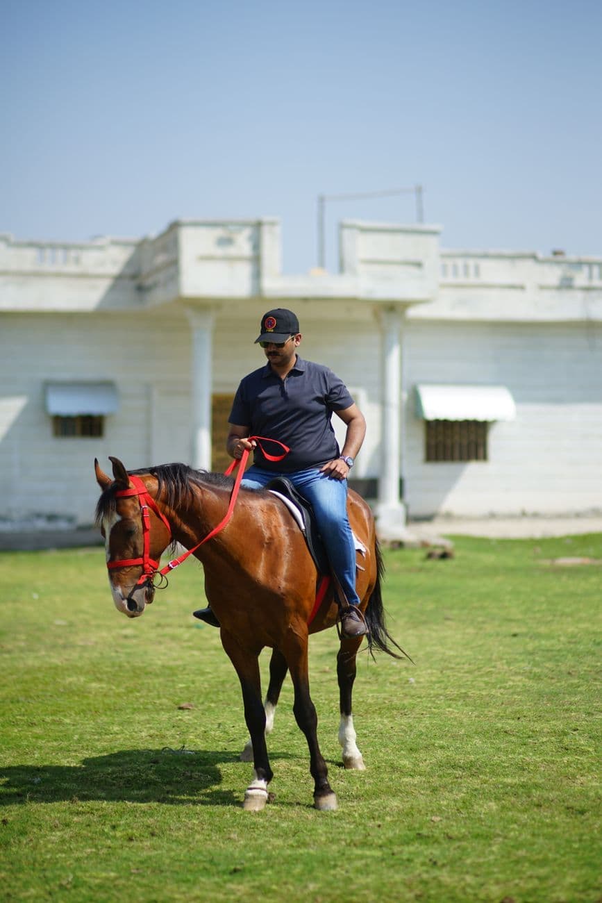 Man riding a brown horse on a sunny day in the countryside, showcasing equestrian skills.