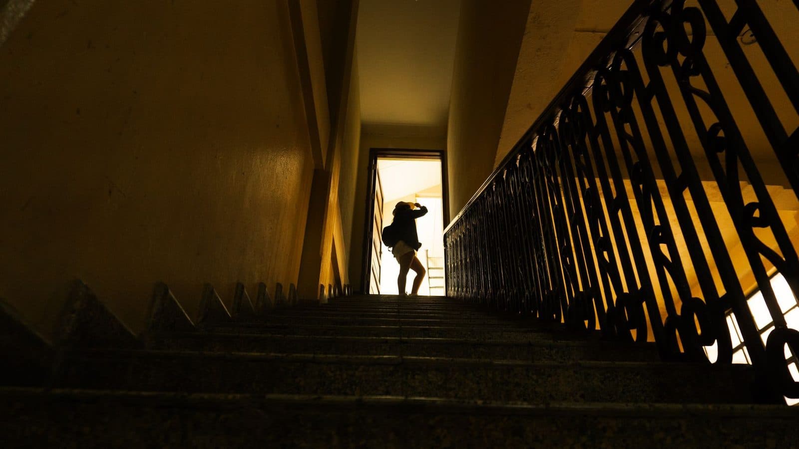 Silhouette of a person standing in a dimly lit stairwell, facing the light.