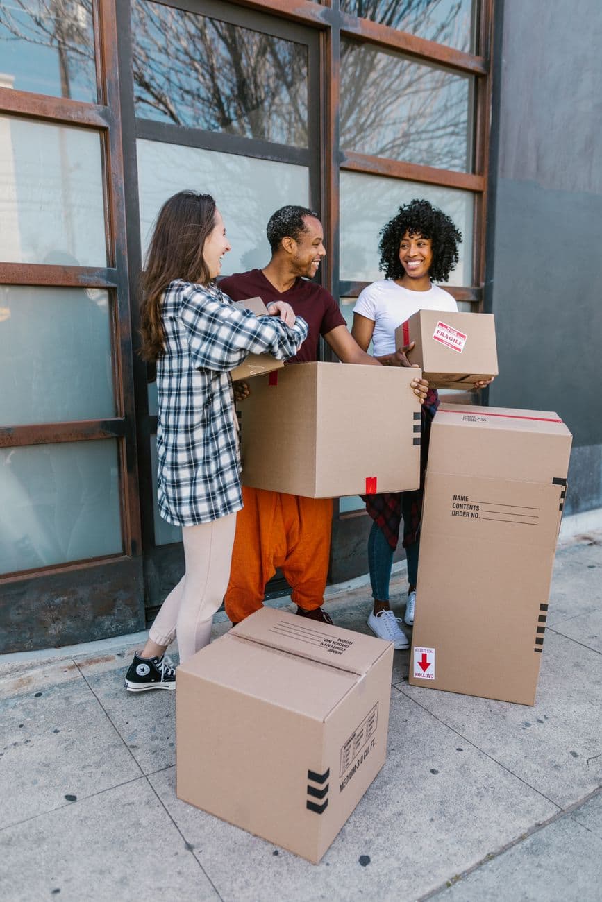 Young adults carry boxes into a modern apartment during their moving day.