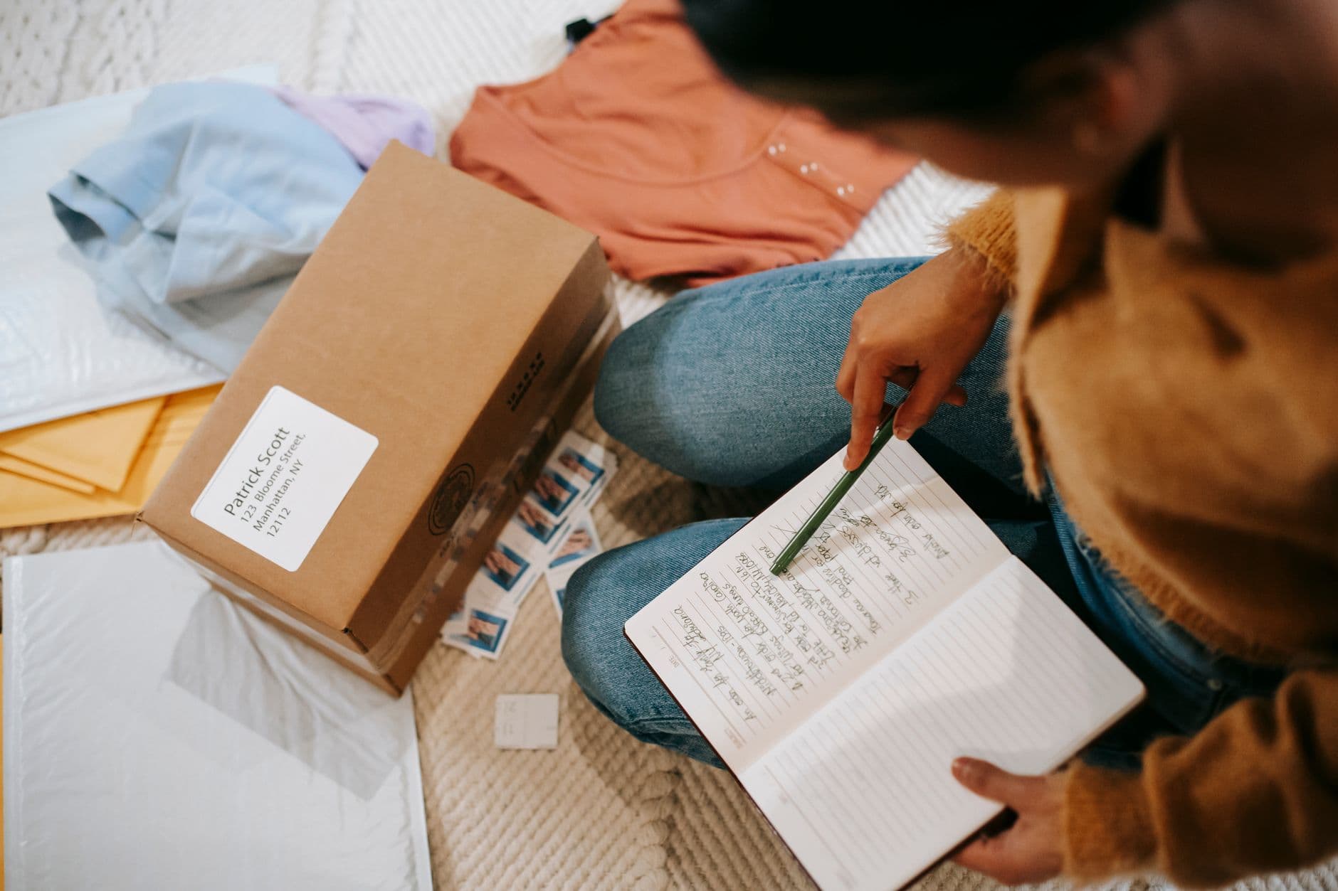 Top view of crop anonymous female checking address on parcel and in planner among clothes on floor