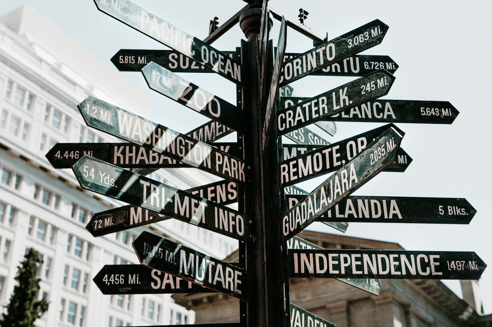 Close-up of a directional signpost with city names and distances in an urban setting.