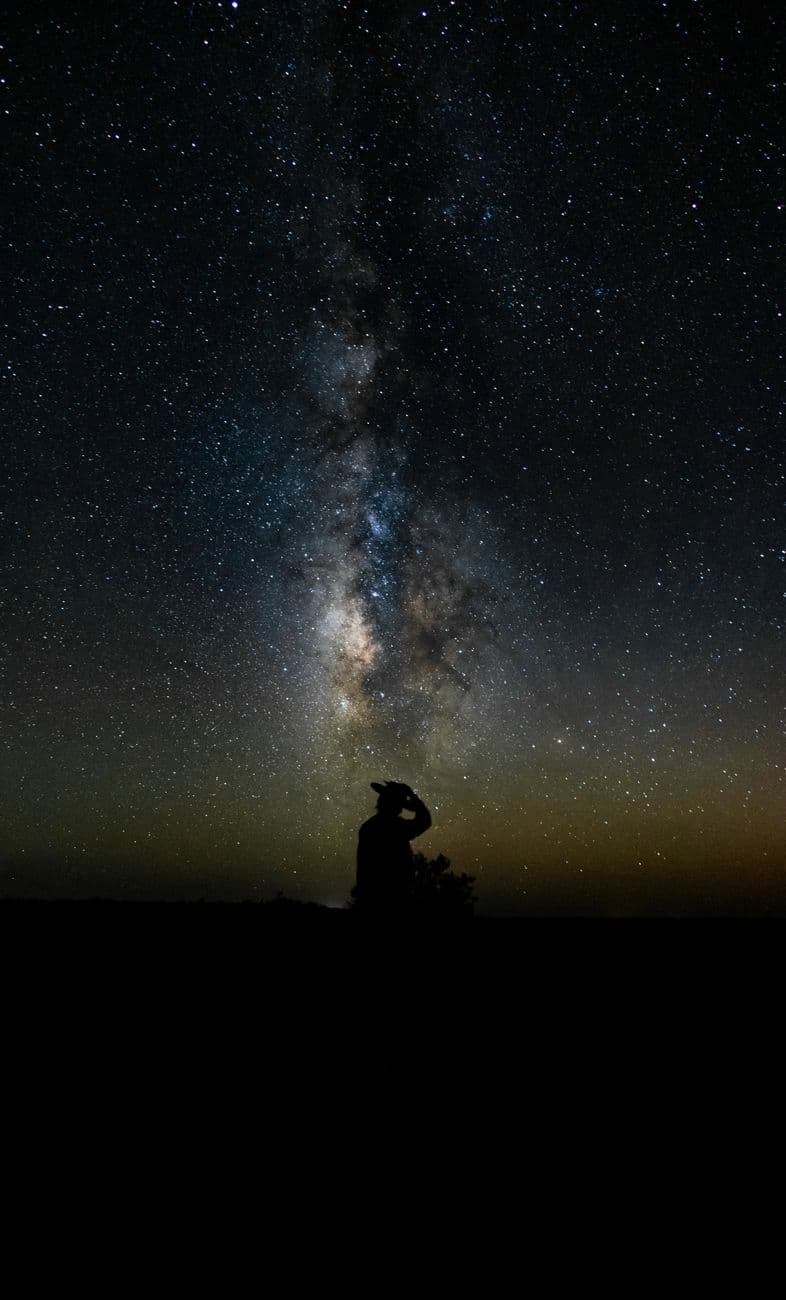 Silhouette of a person gazing at the Milky Way under a starry night sky, showcasing cosmic beauty.