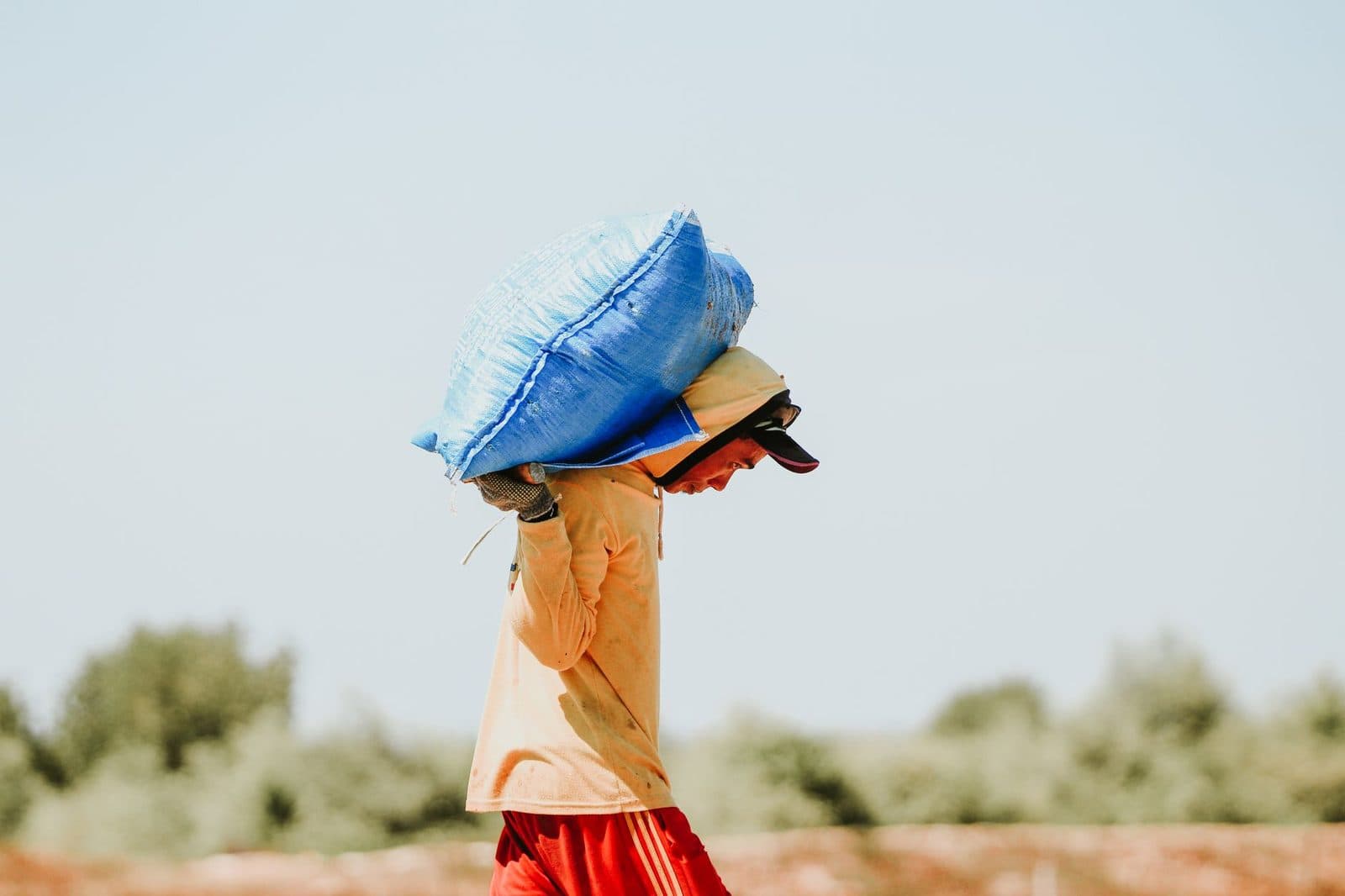 An Indonesian farmer carries a sack of salt under a clear sky, highlighting traditional life in East Java.